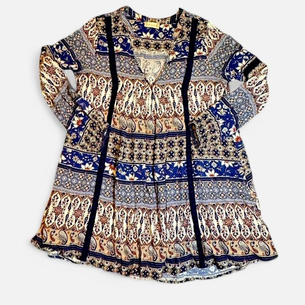 Altar'd State Boho Mini Dress Long Sleeve Flowy Dark Blue Embroidered Women's M